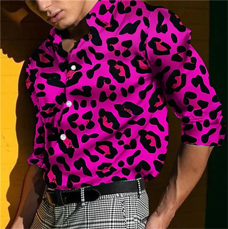 

Leopard Print Shirt Men's Cuffed Fashion Casual Men's Soft Comfort High End Party Tops Men's Street Long Sleeve Clothing Tops
