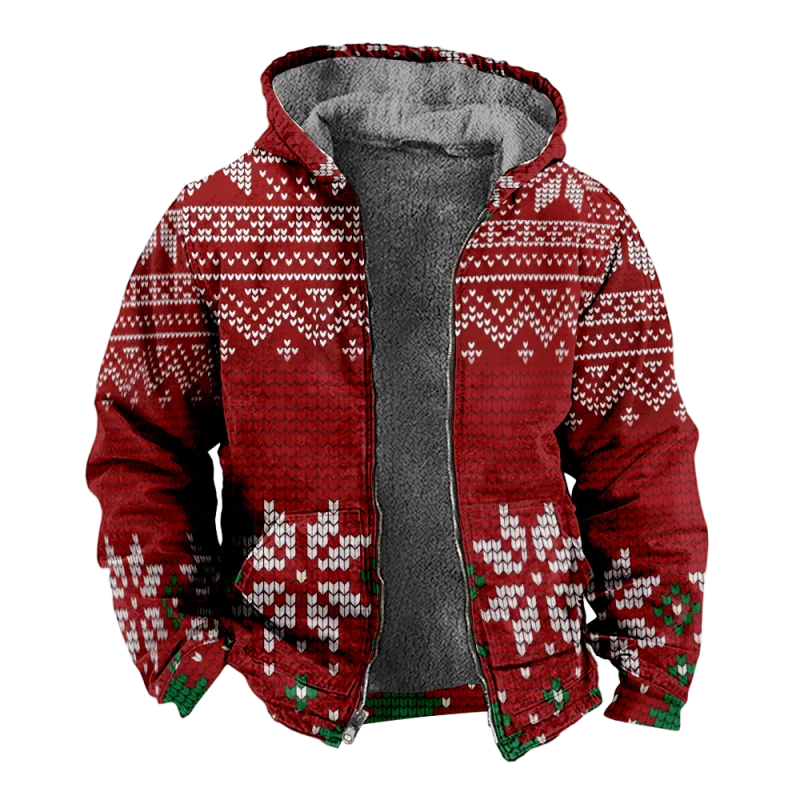 Christmas Creative Cotton Coat Hooded Sweater Casual Print Men's Fur Loop Arctic Velvet Zipper Patch Pocket Hooded Sweater