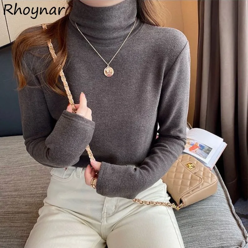 

Long Sleeve Tshirts Women Turtleneck Plus Velvet Thicker Solid Color Skin-friendly Autumn Winter Keep Warm Slim-fit All-match