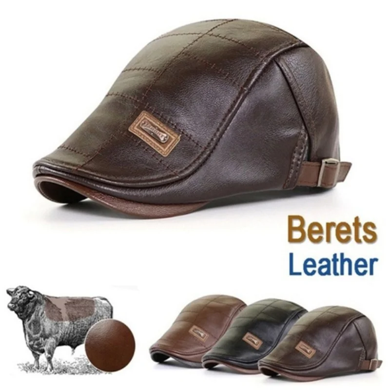 Men Fashion Retro PU Leather Beret Hats Autumn Winter Leather Beret Hat Middle-aged Men's Visor Warm Flat Peaked Cap Adjustable beret hat,woolen beret