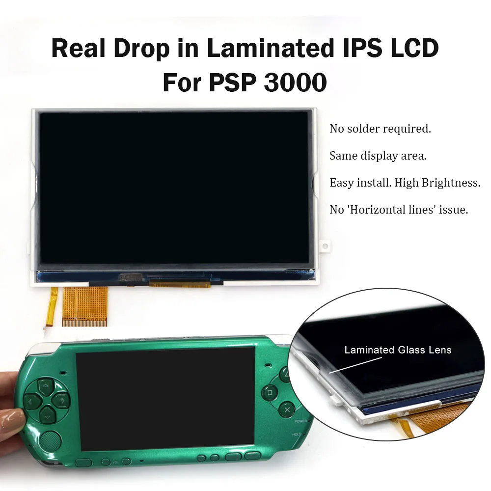 Nowy laminowany ekran IPS LCD z podświetleniem, wyświetlacz LCD o wysokiej jasności, bez konieczności lutowania, do PSP 3000