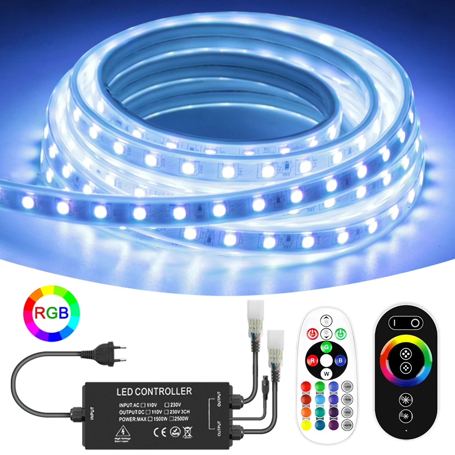 

220V RGB LED Strip Lights Remote Control Dimmable Lamp Strip SMD 5050 IP67 Waterproof Flexible Tape Ribbon For Home Decoration