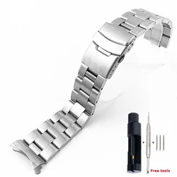High Quality Solid Stainless Steel Curved End Watch Strap with Folding Safety Buckle and Tool - 22mm (Silver)