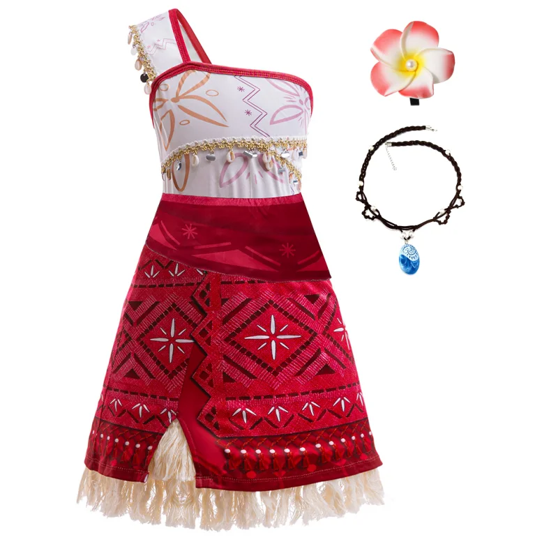 Girls Princess Moana Cosplay One Shoulder Floral Fringe Decor Dress+Necklace+Flower Hairpin For Halloween Christmas Birthday