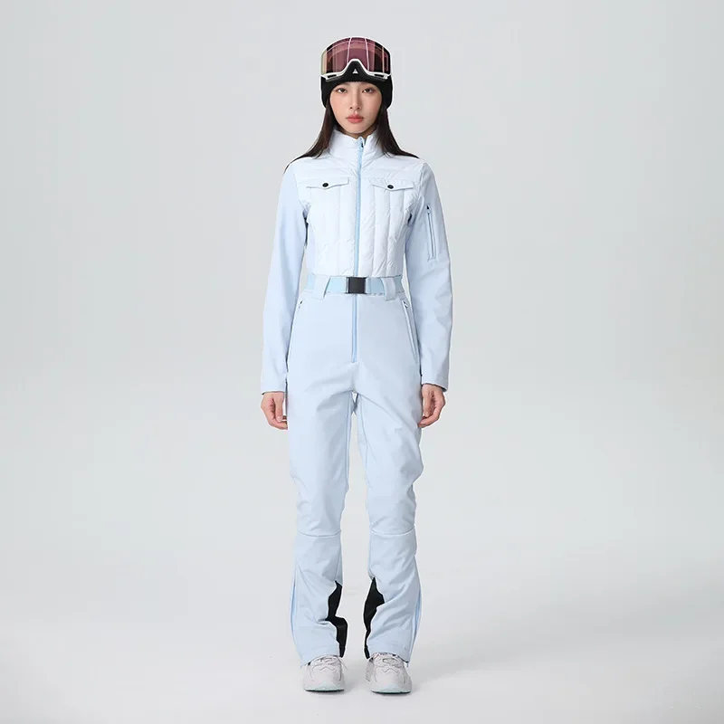 חליפת סקי תרמית צמודה לחוץ לנשים, עמידה בקור, עמידה במים, נושמת לחורף, בגדי שלג נשיים יחידים כפולים לספורט