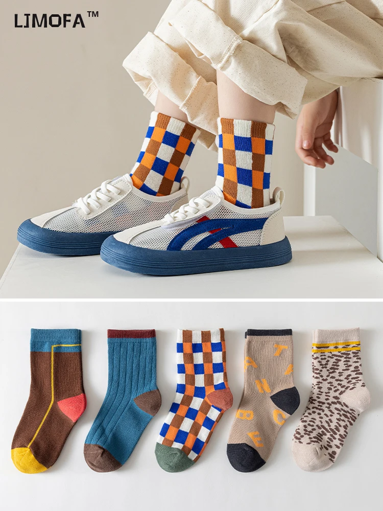 LJMOFA 5 Pairs Cotton Kids Socks Warm Winter Socks Baby Girls Boys Retro Tartan Leopard Pattern Fashion Toddler C161