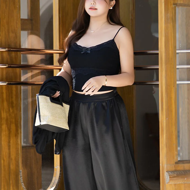 Bow Lace Splice Spaghetti Strap Camis Summer Plus Size Women Premium Sexy Slim Sleeveless Top 9215