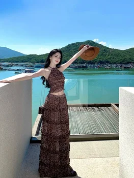 Uomosi STAZF7 plus Size Sexy Leopard Print Halter Vest Women Summer Beach Vacation Skirt Set Fashionable Commute Vintage Style