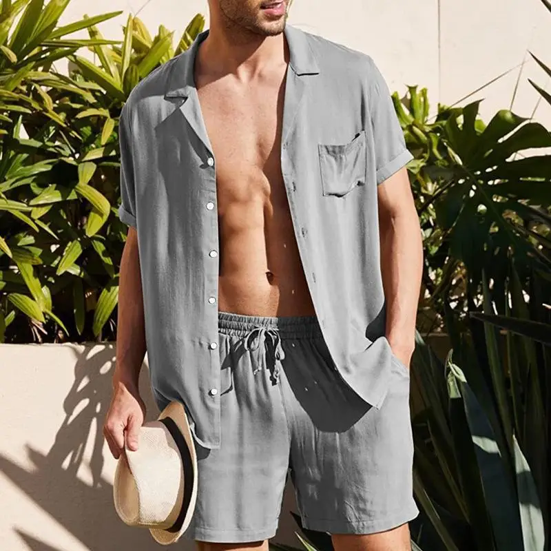 Men's Sport Casual Suit Summer Solid Loose Breathable Cotton Linen Lapel Short Sleeve Cardigan Shirt Shorts Two Pieces Set