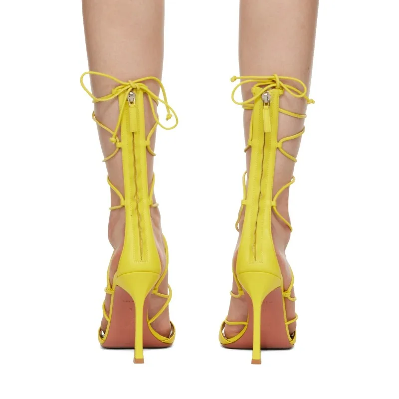 Yellow Lace-up Cross Strap Thin High Heel Sandals Women Summer Wedding Fashion Pointed Toe Zipper Strap Heels Pumps Ladies Shoes