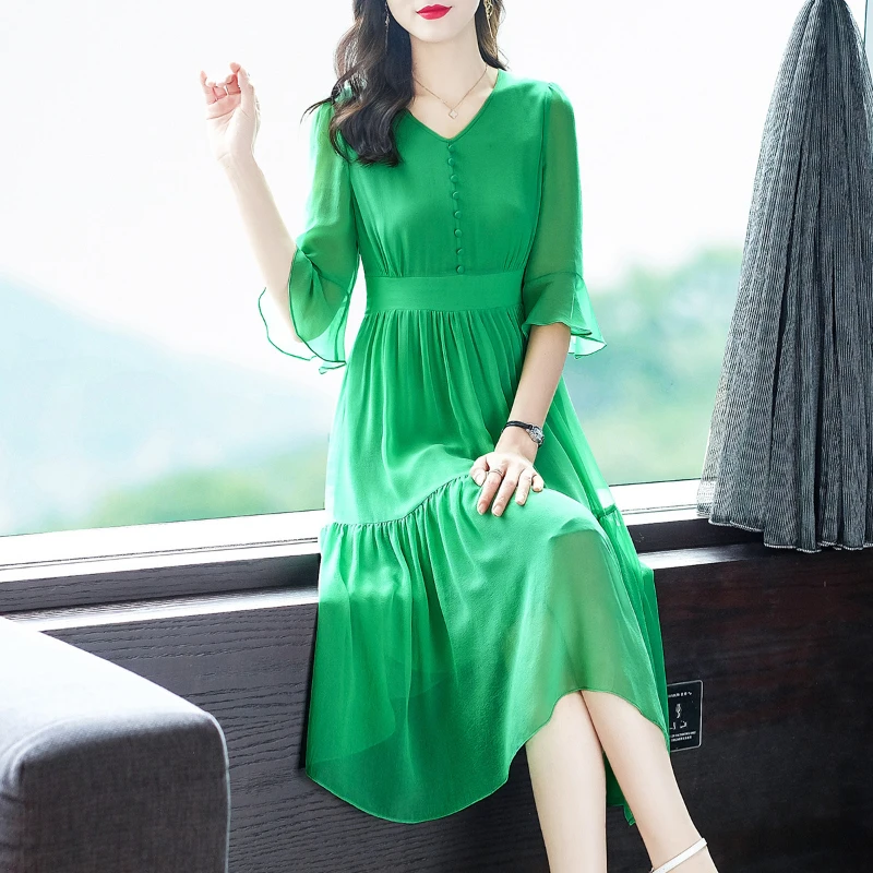 

Summer Dresses 100% Mulberry Silk Midi Dress Women Elegant V Neck Green Dress A Line Casual Dress Female Vestidos Robe Femme été