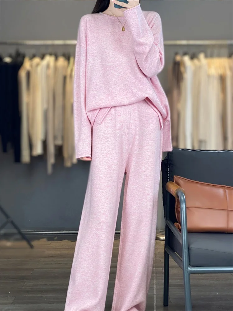 Women's matching set 100% Merino wool round neck sweater elastic waist pants two-piece set knitted casual loose women's clothing 2
