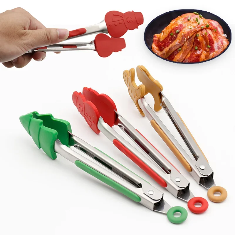 food tongs New Christmas Silicone Food Tong Gingerbread Man Snowman Xmas Tree Pattern Cooking Clip Steak Bread Clamp Kitchen BBQ Salad Tool