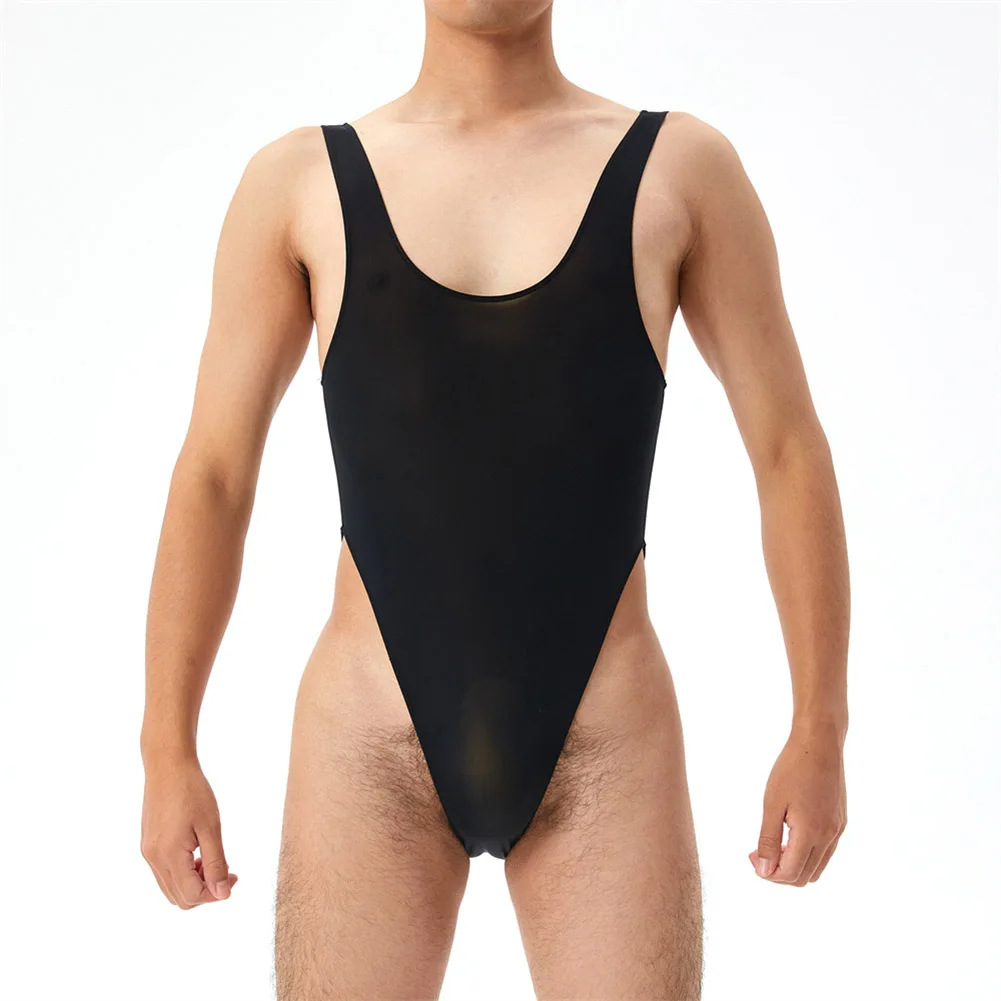 Men's Sexy See Through Sleeveless Romper Jumpsuits High Cut Tight Bodysuits Underwear Stretch Man Lingerie