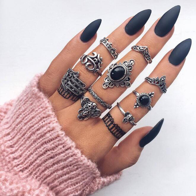 9pcs/set Boho Midi Finger Rings Set for Women Punk Elephant Flower Hollow Out Sliver Knuckle Rings Jewelry Gift 4618