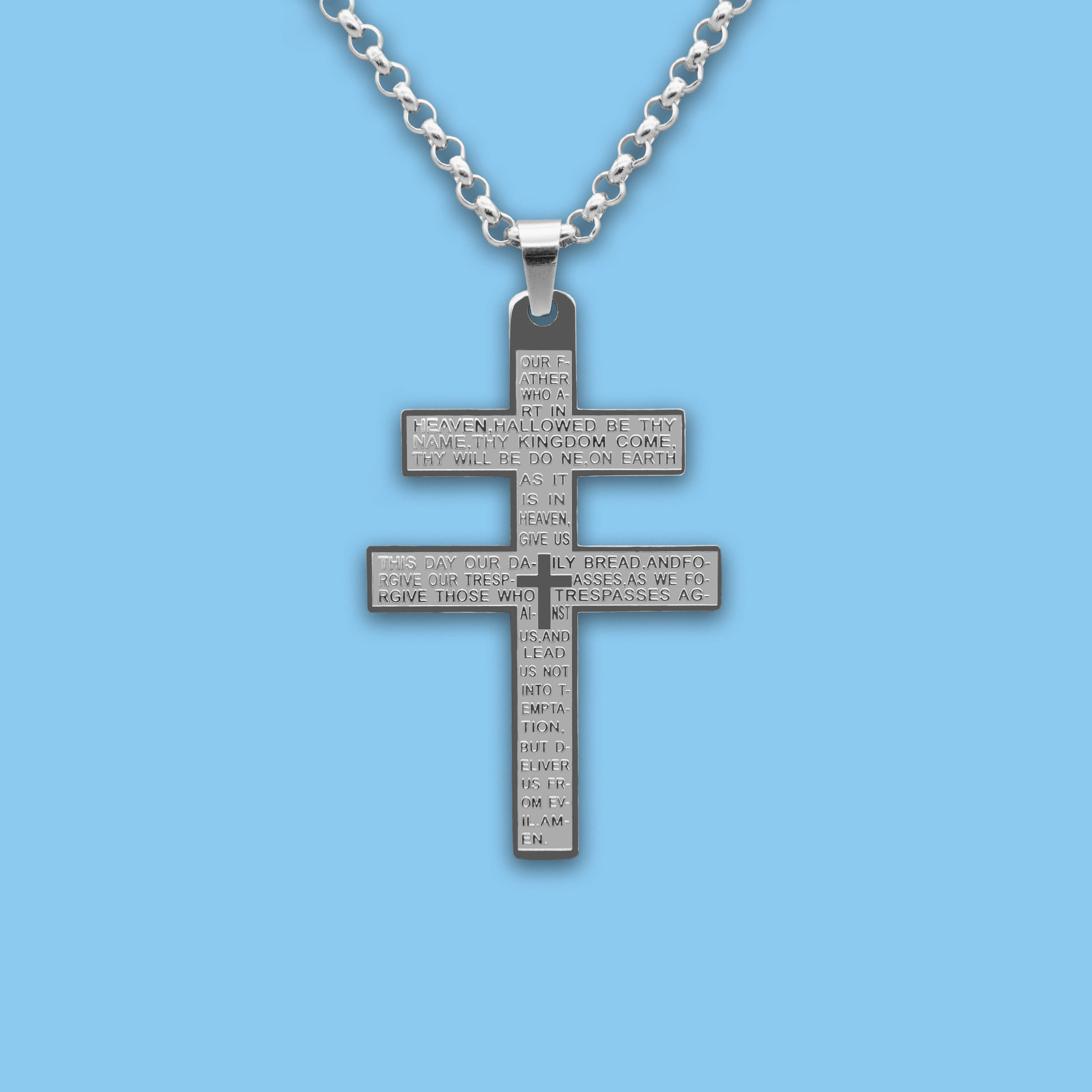 

Cross of Lorraine Pendant with Lord's Prayer Words Bible Verse Catholic Christian Religious Stainless Steel Necklace Crux Vera