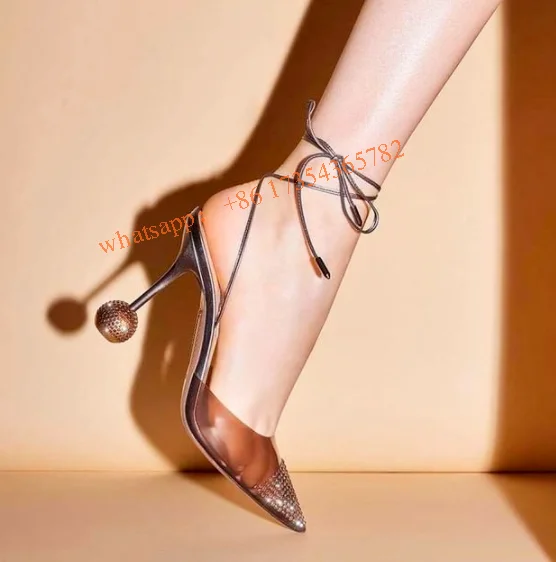 

Women Sandal PVC Rhinestones Pointed Toe Crystal High Heels Lace Up Sheepskin Top Quality Party Wedding Pump Designer Shoes