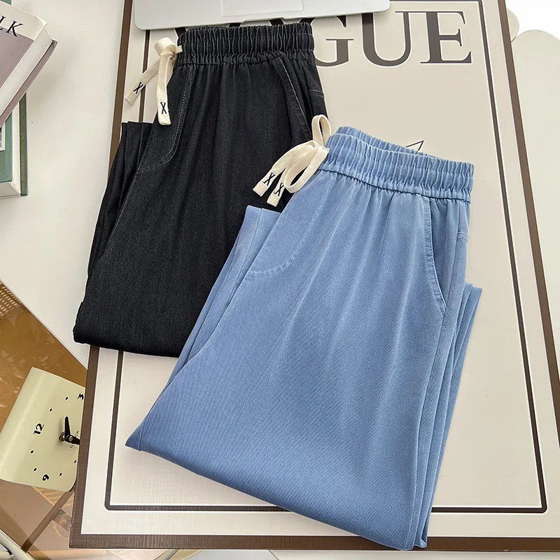 Women's Straight Jeans, Oversized Trousers, Curve Clothes, High Waist, Stretch, Lyocell Denim Pants, Plus Size, Summer