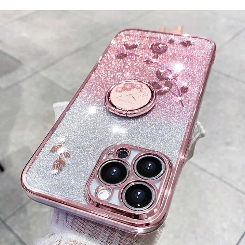 Für iPhone 14 Pro Max Hülle Luxus Glitzer vergoldet Grip Tok Ringhalter Floral Cover für iPhone 11 12 13 Mini 7 8 Plus XS Max XR X_voghion.com