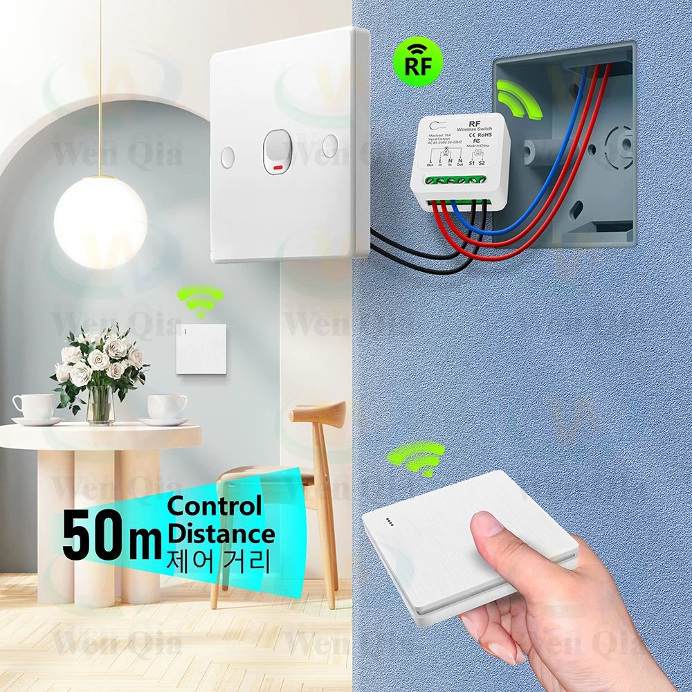 RF 433Mhz 16A Wireless Smart Light Switch 110V 220V 230V Mini DIY Remote Control Module Wireless Wall Panel Swtich for LED Lamp