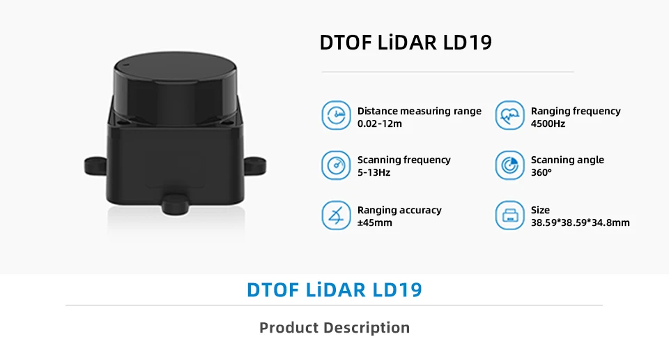 D300 DTOF LiDAR LD19P laser Radar Lidar Scanner 360° Ranging frequency 4500Hz Re