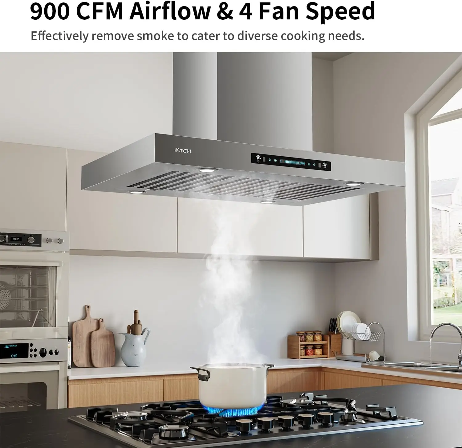 Upgrated 42"Island Mount Range Hood 900 CFM Ducted Range Hood with 4 Speed Fan Stainless Steel 42 inch