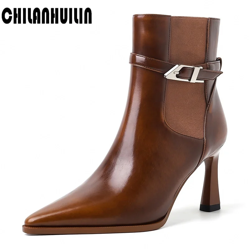 

ankle boots for women fashion metal buckle chunky high heel pointed toe genuine leather modern boots autumn winter shoes women