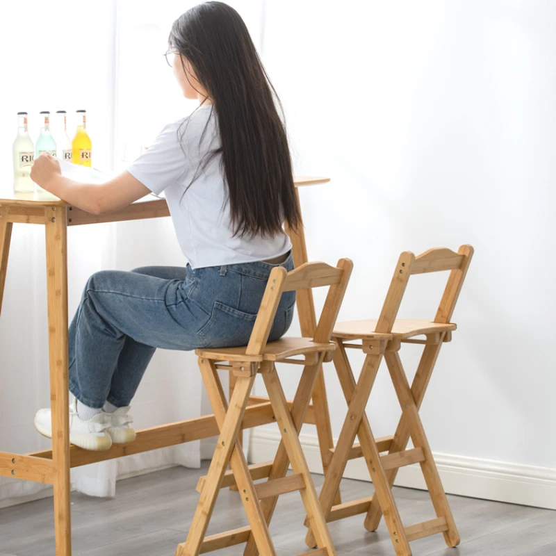 Solid Wood Folding High Stool Home Installation Free Space Saving Portable Dining Chairs with Backrest Kitchen Bar Chair