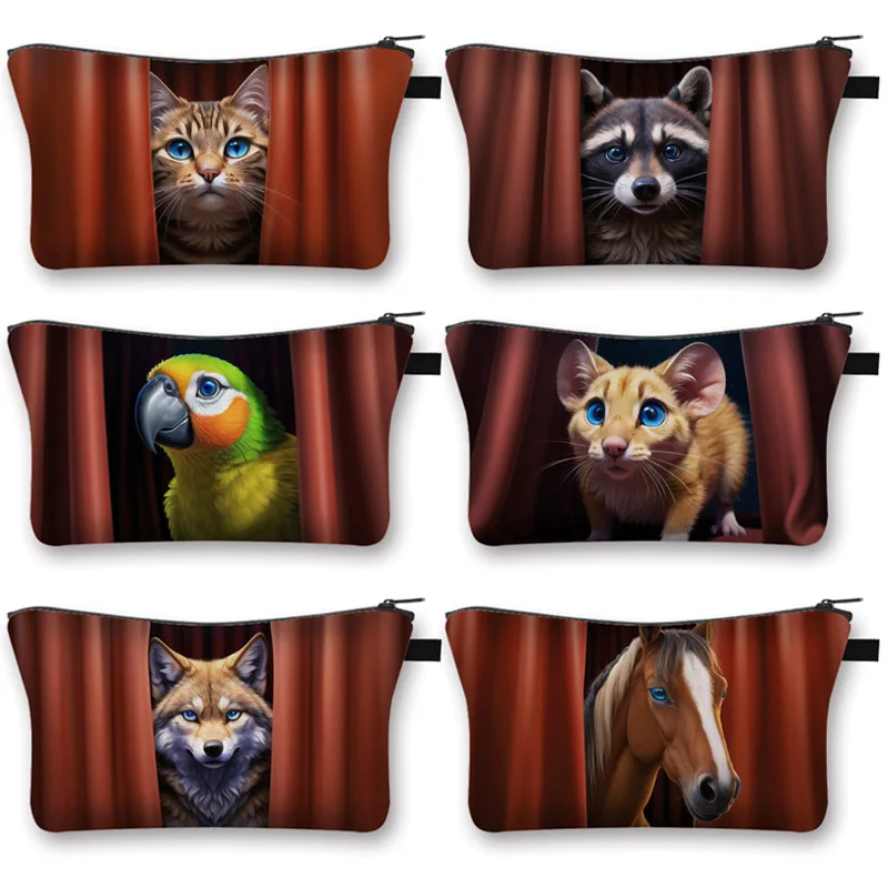 

Funny Peeking Animals Cosmetic Case Cat Dog Wolf Owl Peeping Women Make Up Toiletry Bags Portable Storage Bags Lipstick Bag Gift