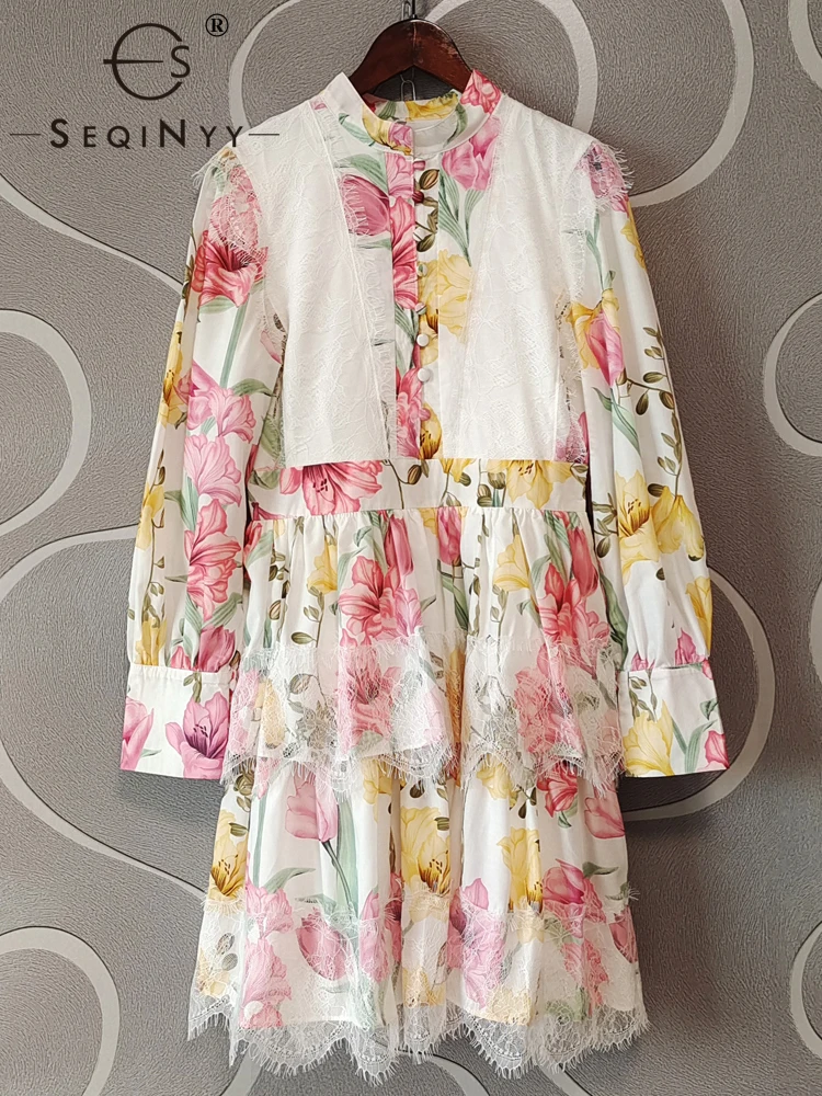 

SEQINYY Casual Mini Dress Summer Spring New Fashion Design Women Runway High Street Vintage Pink Flowers Print Lace A-Line