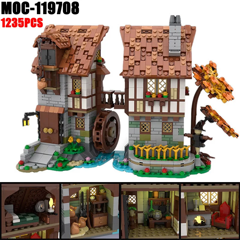 

Medieval Castle Waterwheel Town Building Blocks Kit Middle Age Furniture Construction Cottage House Log Cabin Bricks Toys Gift
