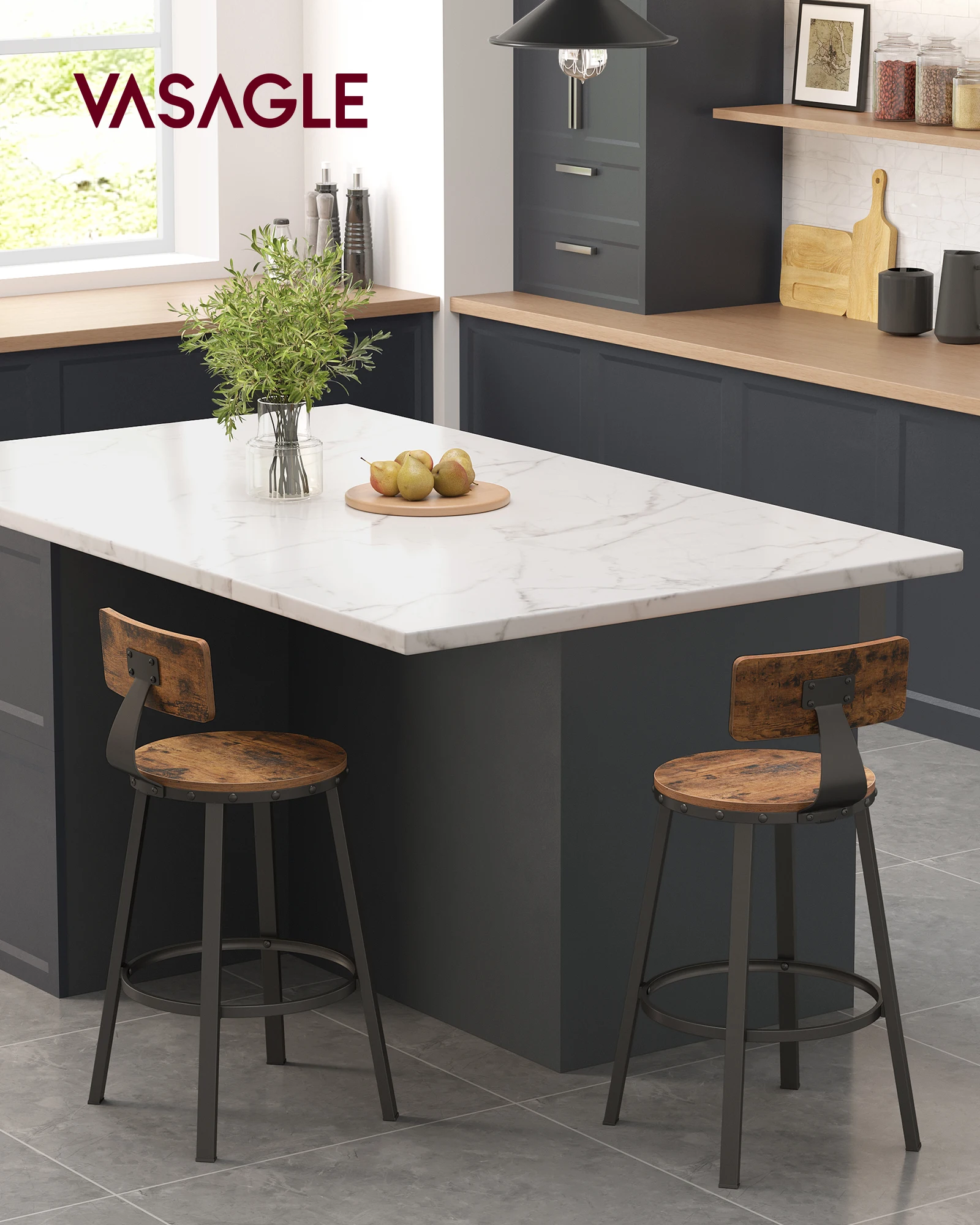 VASAGLE Tabouret Bar Industriel, Lot de 2, Chaises Bar Cuisine, avec Dossier, Cadre en Acier, Siège de 62,5 cm de Haut, Montage Facile, Style Industriel