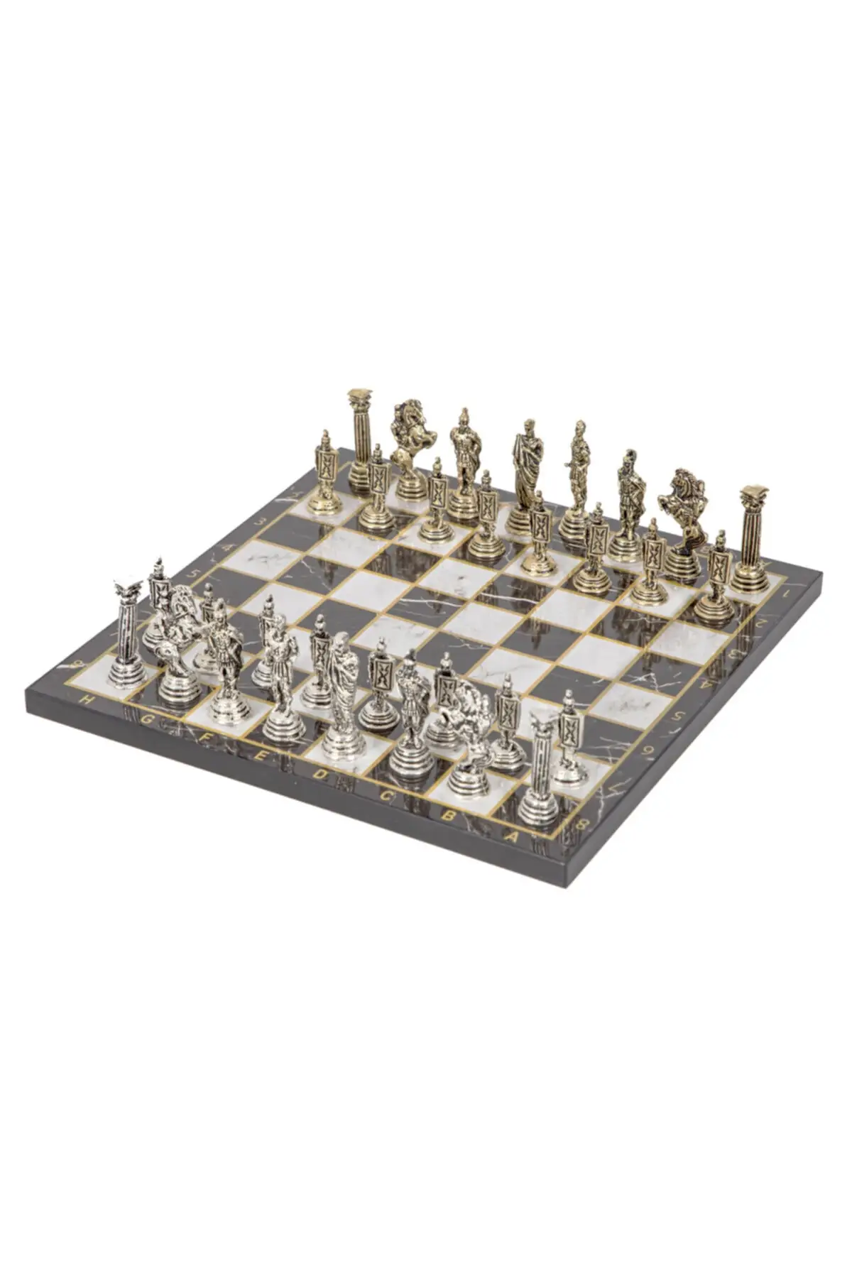 

ESRMK3 Luxury Metal Chess Team Chrome Plated Roman Soldiers & Black Marble Patterned Board Playgroups Hobby Fun