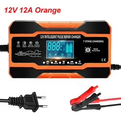 Smart Fast Charging Battery Charger, 12V/24V, 7-Stage Pulse Repair for AGM, GEL, WET Lead Acid Car Batteries (12V 12A Orange)