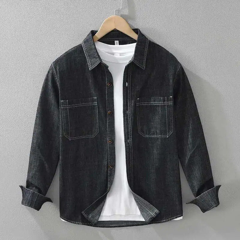 Denim Shirts Men Turn down Collar Long Sleeve Shirts Loose Cotton75% Vintage Jeans Shirt Spring Autumn