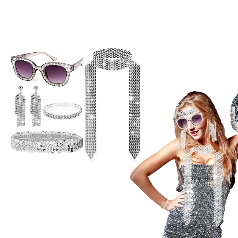 

70sCostume for Women Outfit Glasses Earrings Headband Halloween Accessory DXAA