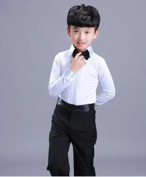 Dance Dress Boys Latin Dance Costume Ballroom Cha Cha Tango Stage Performance Costumes Children Black White Bow Top and Pant