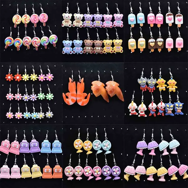 Earring For Women Resin Handmade Cartoon Bears Lollipop Love Popsicle Fan Table Lamp Computer Shrimp Drop Earrings Funny Gift