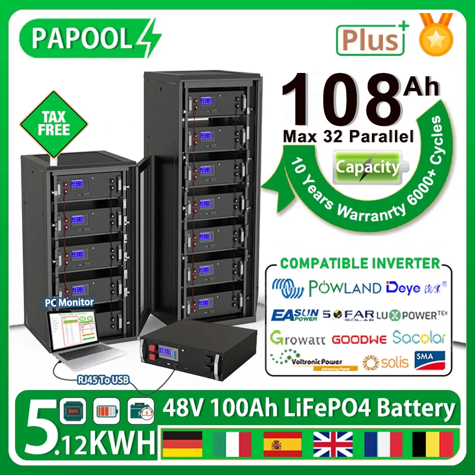 48V 100Ah 200Ah LiFePO4 Battery Pack 51.2V 5.12Kw 6000 Cycles 32 Parallel CAN RS485 BUS 108% Capacity Lithium Ion Battery NO TAX