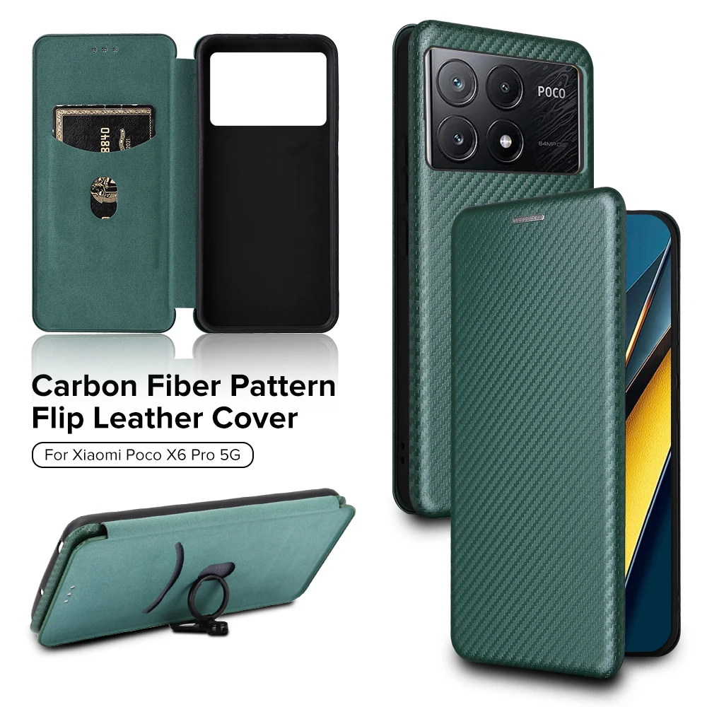 

Чехол для Xiaomi Poco X6 Pro, кожаный флип-чехол из углеродного волокна, маленькие X6Pro PocoX6 PocoX6Pro, чехол-книжка с кольцом и подставкой, кошелек для карт