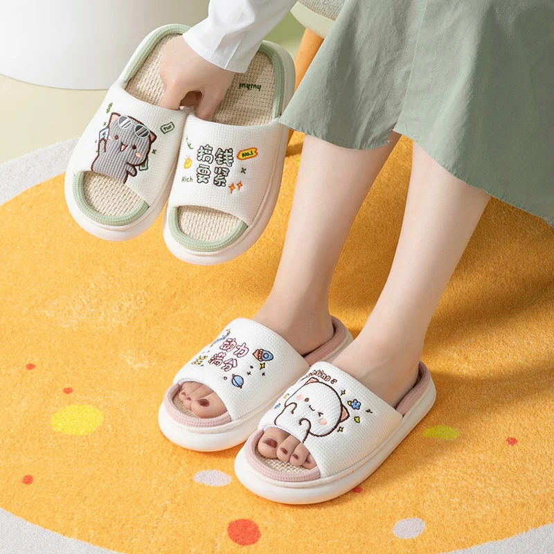 

kawaii Bubu Dudu Panda Mitao Cat Women Slippers Leisure Home Slides Outdoor Non-Slip Thick Sole Couple Hemp Sandals Ladies Shoes
