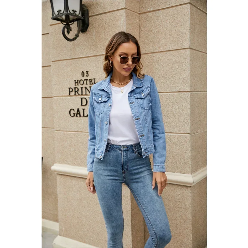 Women Jacket Denim Lapel Button Pocket Sleeve Fall Winter