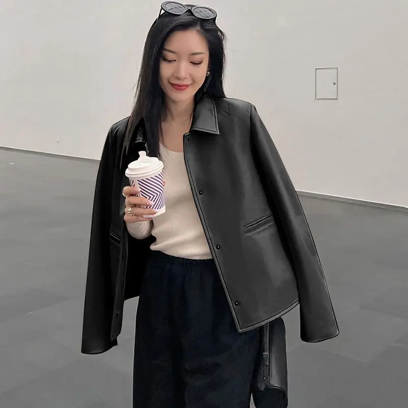 Spring Autumn Korean Chic Pu Biker Leather Jacket Women Streetwear Bomber Jacket Lapel Single-breasted Loose Jacket Outerwear