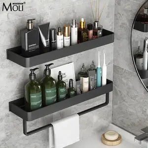 Estante de baño organizador de almacenamiento de ducha sin tornillos,  espacio de aluminio, montado en la pared sin ensuciar para baño cocina  negro