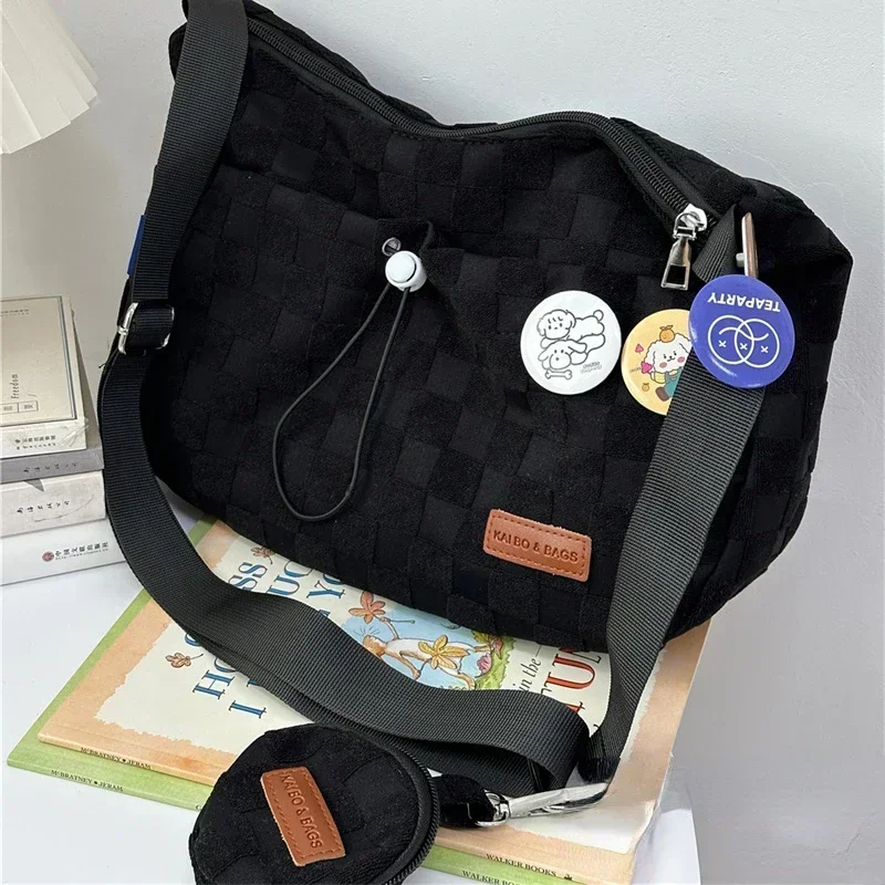 Xiuya Harajuku Style College Crossbody Bag Solid Color Plaid Print Large Capacity Shoulder Bag New Cute Fashion Designer Handbag 6