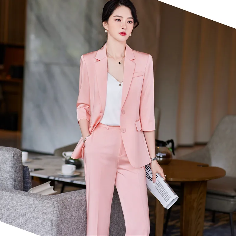 Summer Women Pink Suits High End Half Sleeve Business Formal Fashion  Temperament Slim Blazer And Pants Office Ladies Work Wear