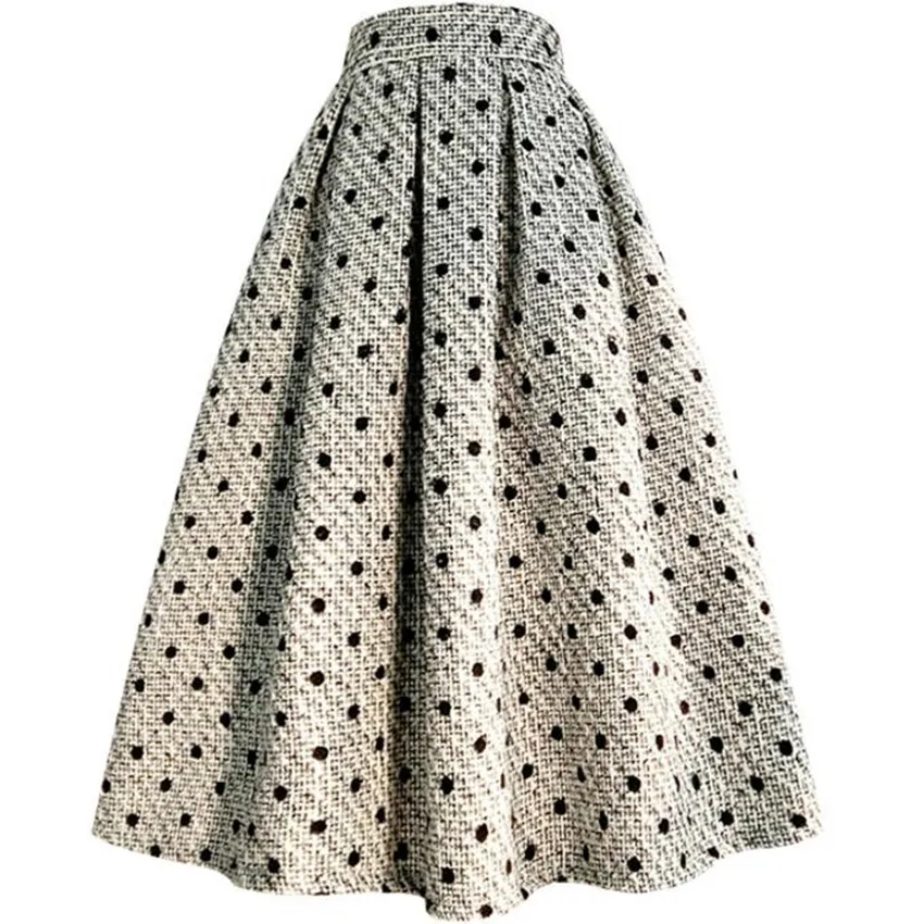 

Thick Autumn Winter Tweed Polka Dot Wool Ball Gown Skirts Women Retro High Waist Party Princess Umbrella