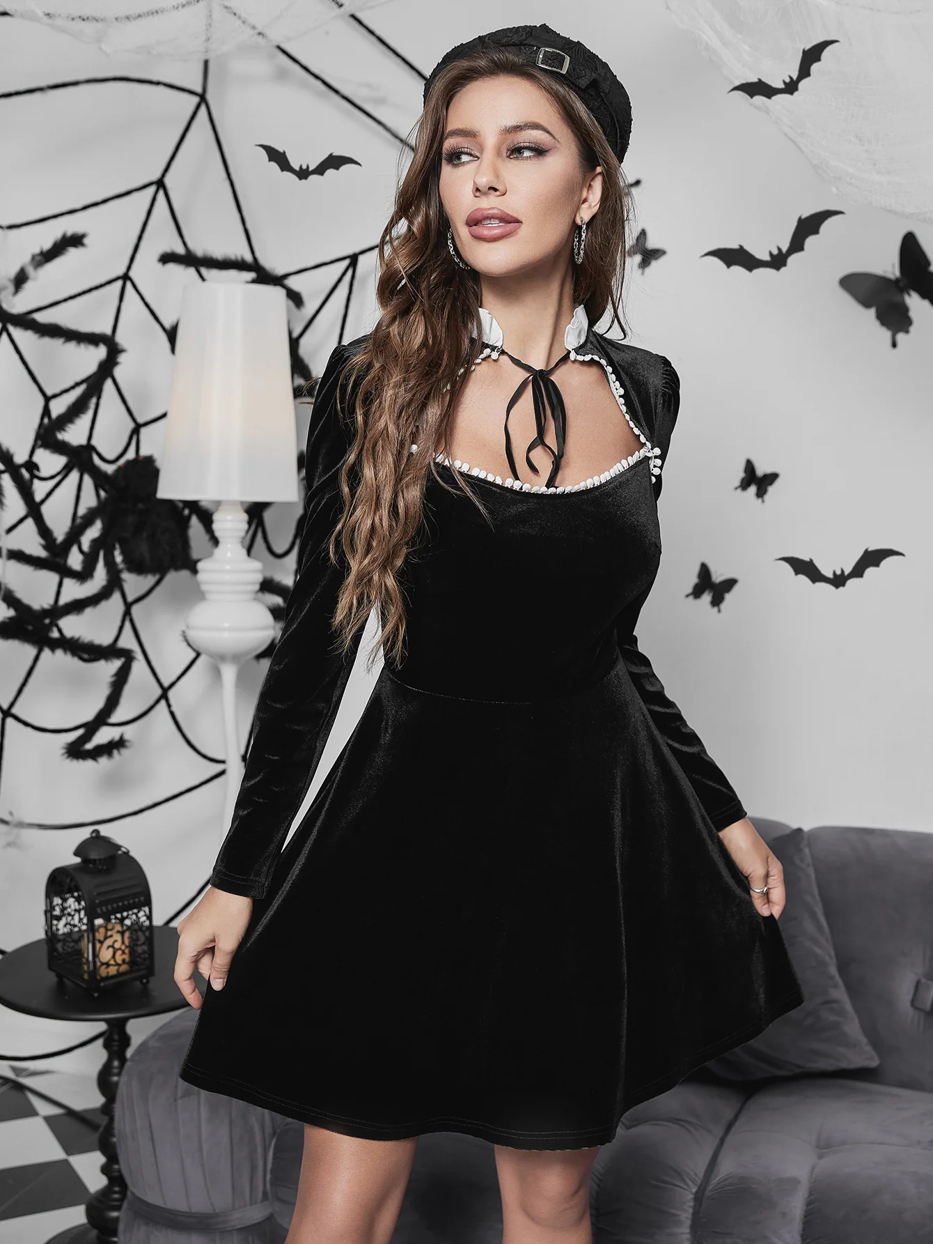 

Gothic Hollow Out Contrast Lace Tie Contrast Collar Long Sleeve Dress