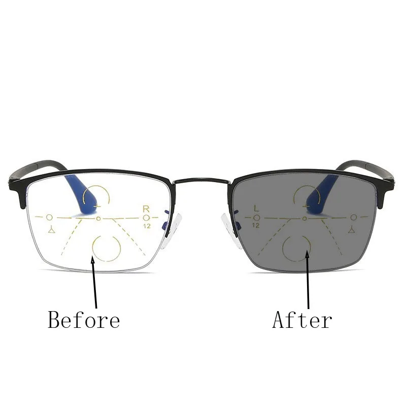 

Progressive Multifocal Reading Glasses Photochromic Men High Quality Anti Blue Ray Presbyopic Glasses Metal Half Frame Readers