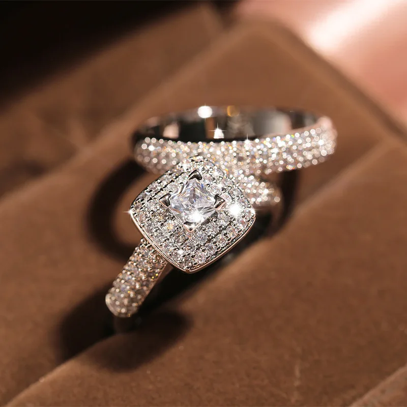 Silver Plate Wedding Engagement Cocktail Zircon Double-layer Finger Ring For Women 925 Silver Ring Set